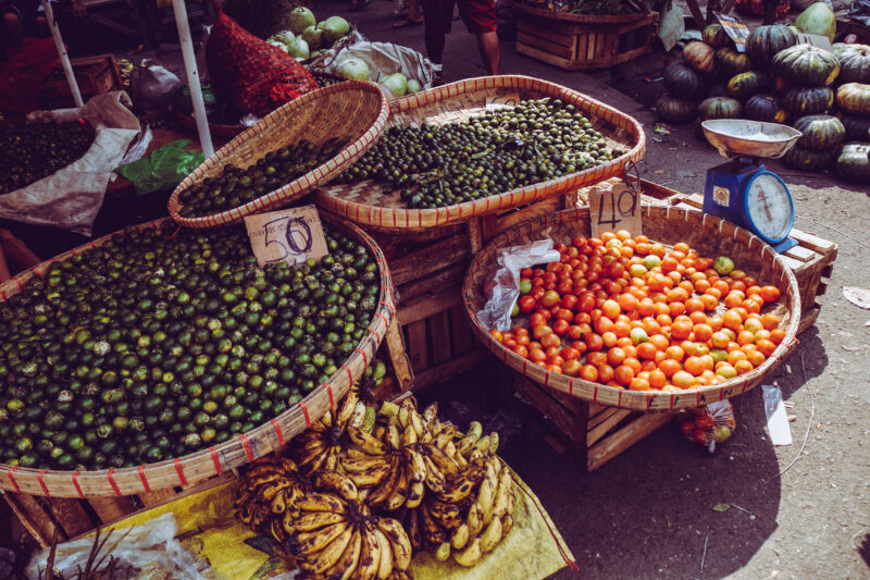 Different vegetables and bananas with price tickets