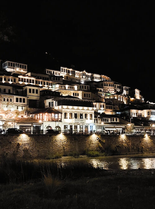 Berat old town illuminated by night